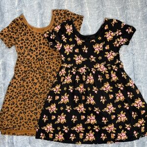 Bundle of 2 Girls’ Short Sleeve Dresses - Size S (6-7) - Floral & Leopard Print